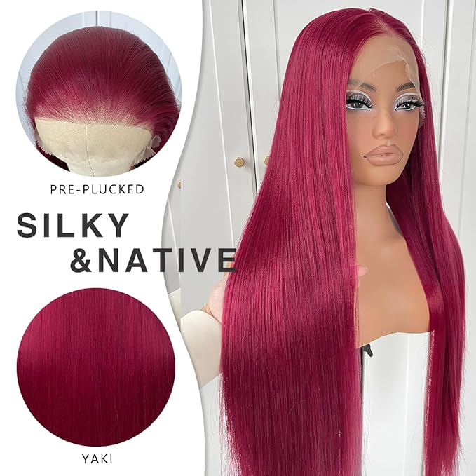 13x6 Red Straight HD Lace Front Wig Pre-Plucked Glueless Long Straight 99j Burgundy Lace Front Wigs Synthetic Red Wear And Go Lace Front Wigs