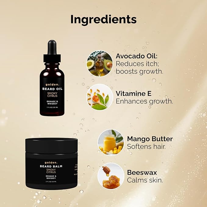 Golden Grooming Beard Oil & Balm Bundle for Men | Natural Growth Kit with Shea Butter | 2oz Balm & 1oz Oil | Smoky Citrus – Limited Edition