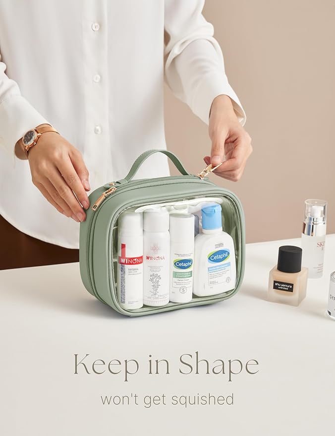 Clear Cosmetic Bag Double Layer 4 Compartments Travel Toiletry Bag Clear Makeup Bag Case with Zipper Transparent Travel Bag for Toiletries, TSA Approved, Gift for Women Girls (Sage Green)