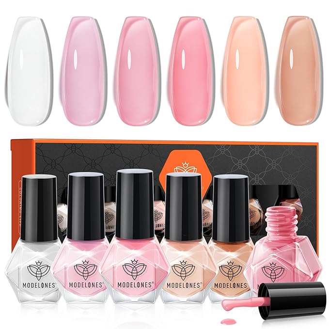 modelones Jelly Nail Polish, Summer 6 Colors Sheer Nude Pink Milky White Neutral Nude Nail polish Set Long Lasting Quick Dry Transparent Manicure DIY Nail Art Salon Home Gift for Women Girl