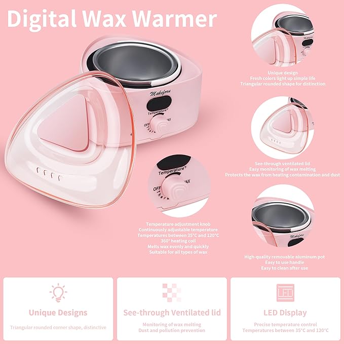 Brazilian Waxing Kit - Bikini & Full Body Hair Removal with Digital Warmer, 4 Scented Wax Beads & 33 Silicone Tools - Home Waxing for Women & Men, Face & Body Care (Pink)