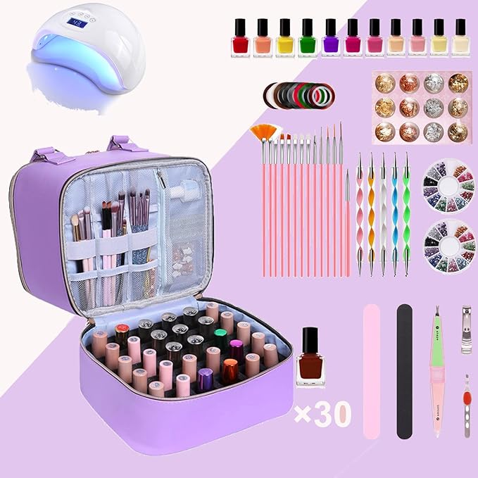 Nail polish Case, Nail Polish Organizer Bag and Nail Dryer Case Holds 30+ Bottles (15ml/0.5 fl.oz) and a Nail Lamp, Travel 2 Layer Nail Polish Storage with Sturdy Handles(Purple)