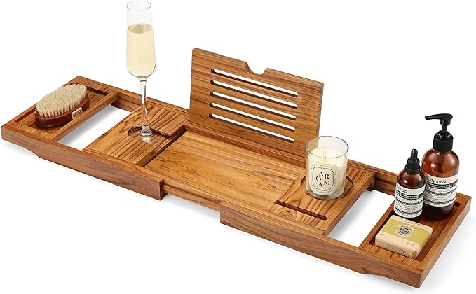 Teak Bathtub Tray, Bathtub Caddy, Expandable Bath Tub Tray Wood, Bath Table Tray&Bathtub Shelf, Luxury Bathtub & Bathroom Accessories and Organizer, House Warming&Wedding Gifts(Large)
