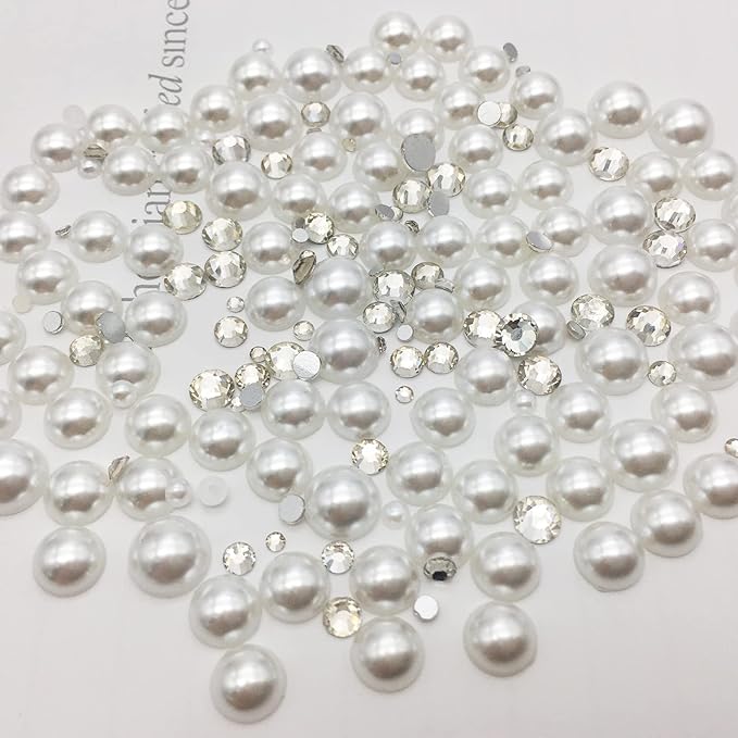 Gems Flat Back Pearls and Rhinestones for Nails,Crystals Nail Charms Diamonds for Acrylic Nails,Tiny Nail Pearls Beads for Nail Art,Small Eye Jewels Rhinestones Pearls,with Wax Pen And Tweezers(White)