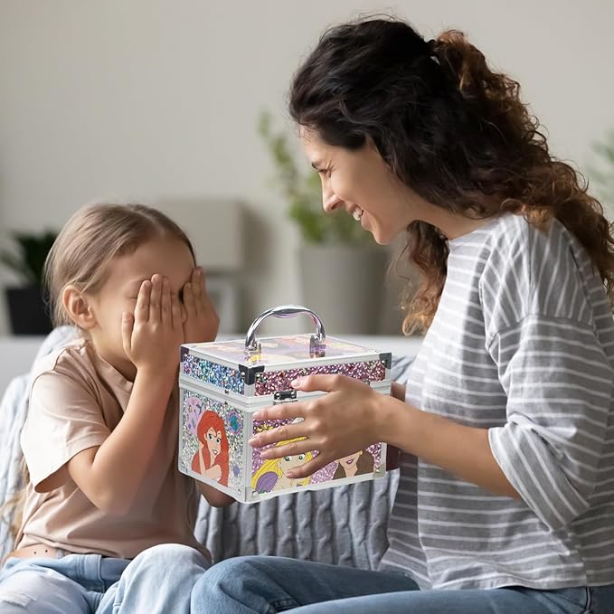 Disney Princess Train Case Beauty Set, Kids Makeup Kit for Girls, Real Washable Makeup Set, Play Makeup, Party Favor, Birthday, Ages 3 4 5 6 7 8 9 10 11 12 by Townley Girl