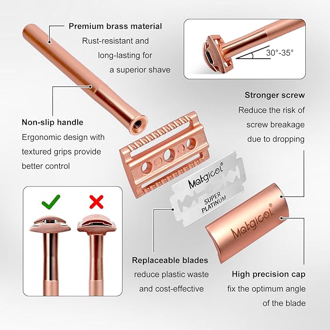 Premium Rose Gold Safety Razor – Swedish Steel Blades, Solid Copper Long Handle, Luxury Shaving Gift for Men & Women