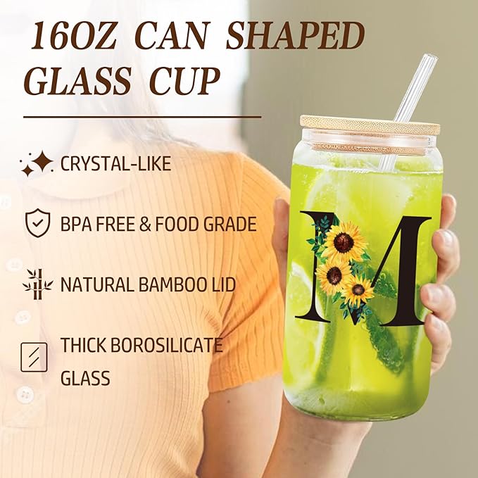 Personalized Gifts for Women: Monogrammed Canvas Tote Bag, Makeup Bag & Glass Cup (Sunflower, Mom, Sister, Best Friends)