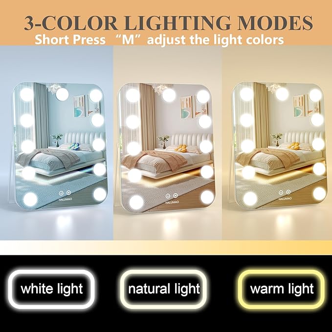 13.9" x 10.7" Vanity/Makeup Mirror with Lights, Hollywood Lighted Vanity Mirror with 11 Dimmable LED Bulbs,3 Color Modes,Touch Control Led Mirror Makeup,Dimmable,for Vanity Desk Tabletop,Bedroom
