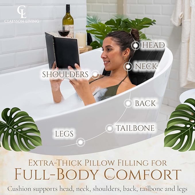 Full Body Bath Pillow (17'' x 49'') - Bathtub Cushion with Headrest Supports Neck, Back and Legs - Free Hanging Hooks for Fast Drying Over Tub - Includes Washing and Travel Bags - Black