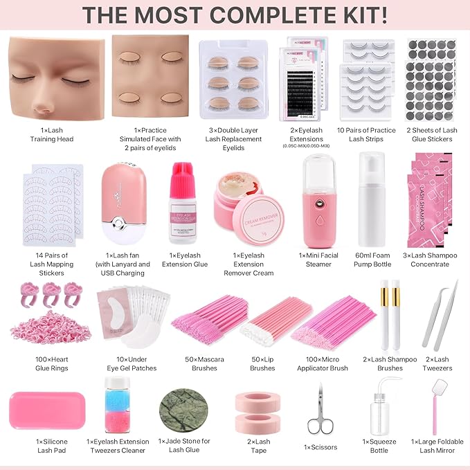 Pretty memory Eyelash Extension Kit for Beginners, 343 Pcs Lash Extension Kit with Everything Includes 2 Mannequin Heads Facial Mister Tweezers Glue USB Fan for Practice Training