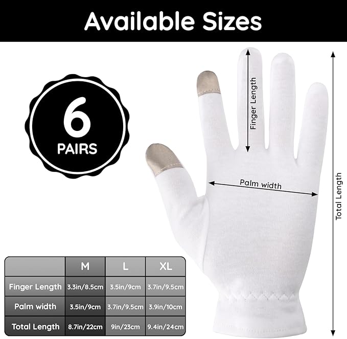 Segbeauty 12pcs Touchscreen Fingers Moisturizing Gloves, 6 Pairs Hand Gloves Moisturizing Overnight with Elastic Band for Women and Men, White Cotton Gloves Overnight Sleeing for Work Dry Hands Medium