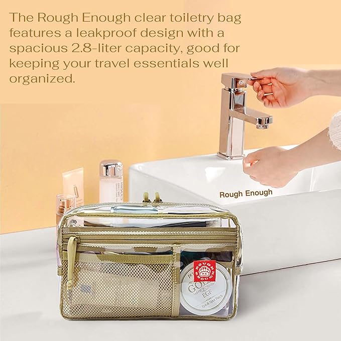 Rough Enough Clear Toiletry Bag for Traveling Women Travel Size Toiletries Makeup Cosmetic Organizer Large Stiff