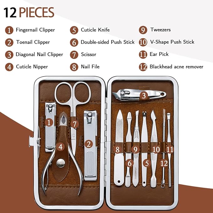 FAMILIFE Manicure Set, Pedicure Kit Nail Clipper Set 13pcs Professional Men Grooming Kit and Men and Women 12 Pieces Grooming Kit with Luxurious Leather Travel Case