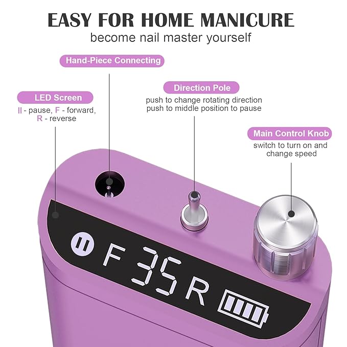 Kredioo Nail Drill, Nail Drills for Professional Acrylic Nails 35000RPM Rechargeable Portable Electric File Drill Machine with 10 Bits Set Quickly Remove Gel Polish Salon Quality Manicure-Purple