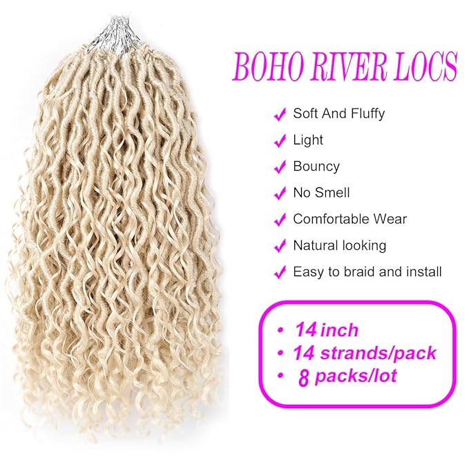 Aipin New Goddess Locs Crochet Hair 14 Inch River Locs Wavy Crochet With Curly Hair In Middle And Ends Braids Hair Extensions For Black Women(8 Packs,14 inch,613)