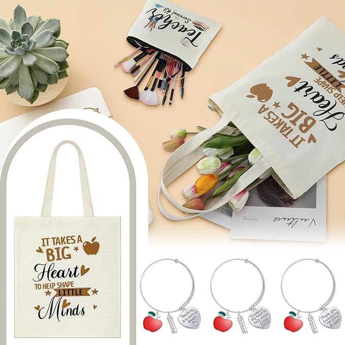 9 Pcs Teacher Appreciation Gifts Sets Teacher Makeup Pouch Cosmetic Bag Teacher Tote Bag Bulk Canvas Teacher Bangle Bracelet Teacher's Day Birthday Graduation Back to School Gift for Teacher