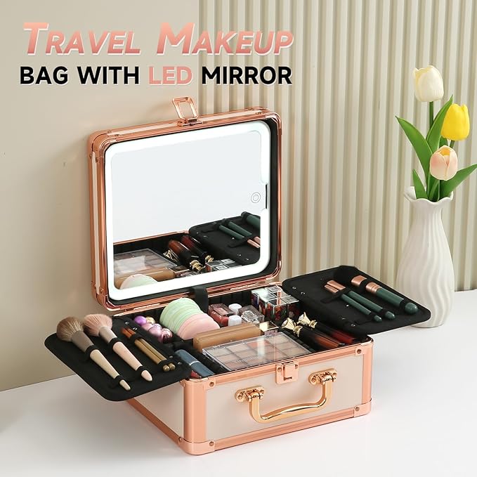 Leeora&Leekoo Makeup Box with LED Mirror & Aluminum Frame, Compact Multi-Layer Cosmetic Organizer - Portable ABS Travel Train Case for Makeup Storage(Gift for Girlfriend/Daughter) (Off white)