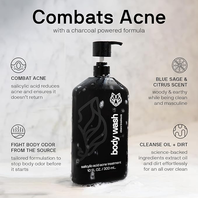 Black Wolf Body Wash & Sonic Scrubber Pro Kit for Men - Vibrating Face & Body Brush with Charcoal Powder Shower Gel, Water Resistant Massage Brush & Salicylic Acid Body Wash, Rich Lather & Deep Clean