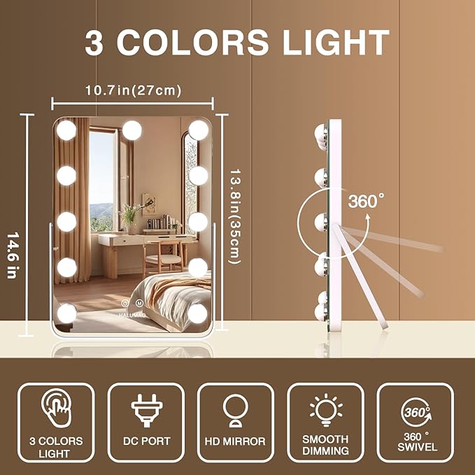13.9" x 10.7" Vanity/Makeup Mirror with Lights, Hollywood Lighted Vanity Mirror with 11 Dimmable LED Bulbs,3 Color Modes,Touch Control Led Mirror Makeup,Dimmable,for Vanity Desk Tabletop,Bedroom