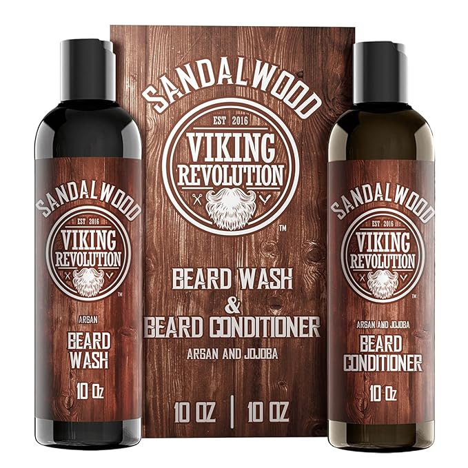 Viking Revolution Beard Wash & Beard Conditioner Set w/Argan & Jojoba Oils - Softens & Strengthens - Natural Sandalwood Scent - Beard Shampoo w/Beard Oil (10oz)