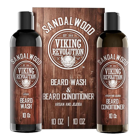 Viking Revolution Beard Wash & Beard Conditioner Set w/Argan & Jojoba Oils - Softens & Strengthens - Natural Sandalwood Scent - Beard Shampoo w/Beard Oil (10oz)
