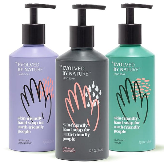 Evolved By Nature Liquid Hand Soap, 12 Oz (Charcoal, Variety Pack of 3) - Unscented, Rosemary Lemon, and Lavender Lemongrass - Biodegradable Formula
