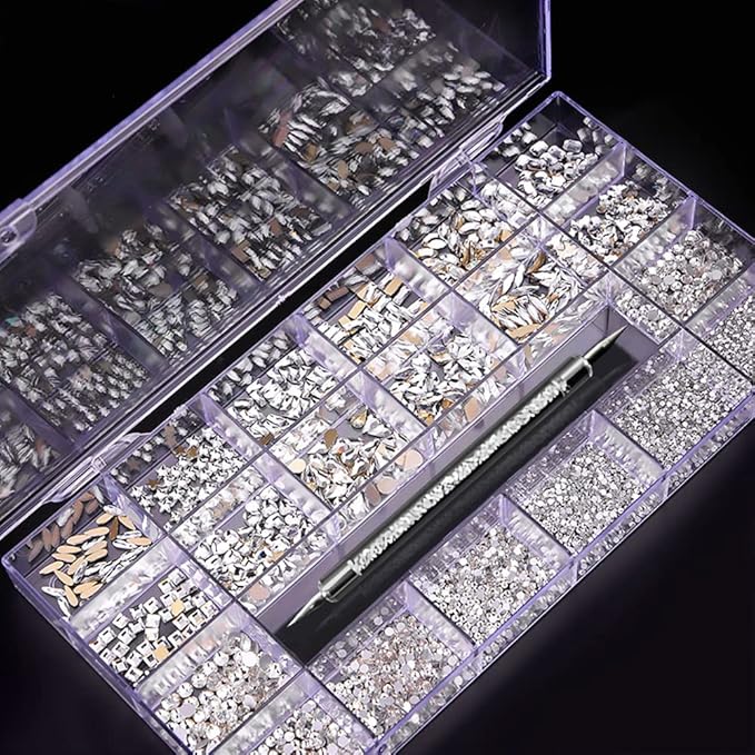 3100Pcs Nail Crystal Rhinestones Kit, Mix Shapes AB Glass, 3D Diamonds Flatback Crystals, with a Drill Pen, Nail Crystal Non Hotfix, Nail Art Decoration(White Rhinestone)