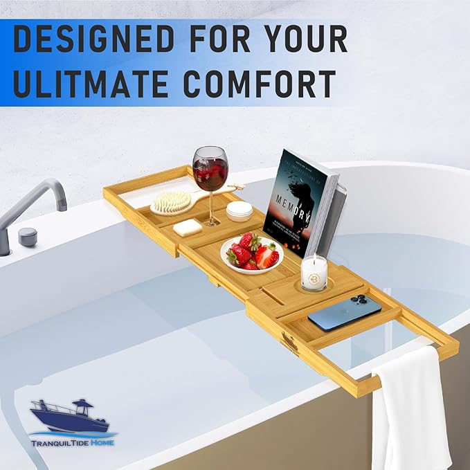 Foldable Bathtub Tray Expandable to 109cm with Bath Bomb and Scented Candle, Adjustable, Waterproof Bamboo Bathtub Caddy with Anti Slip Grip Pads for Home Spa