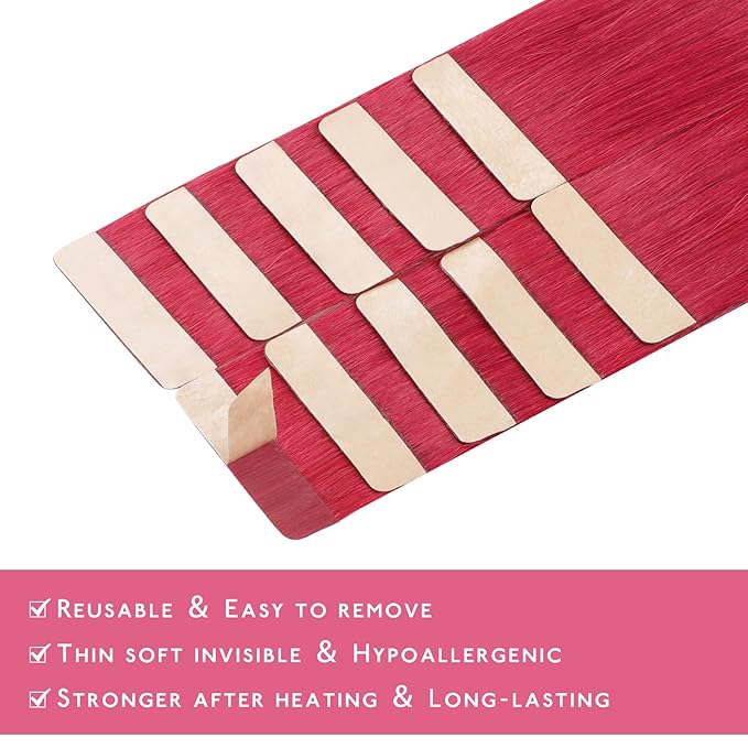 WENNALIFE Tape In Hair Extensions Human Hair Red 10pcs 20g 10 inch Remy Invisible Tape Ins Straight Colored Soft Real Human Hair Tape In Extensions Refill Set Extensions