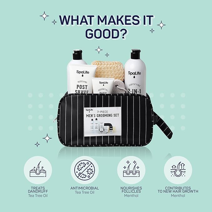 SpaLife 7-Piece Bath and Body Men Grooming Gift Set - 2-in-1 Shampoo & Conditioner, Body Wash, Daily Moisturizer, Post-Shave Lotion, Bath Sponge & Foot Stone for Luxurious At-Home Spa