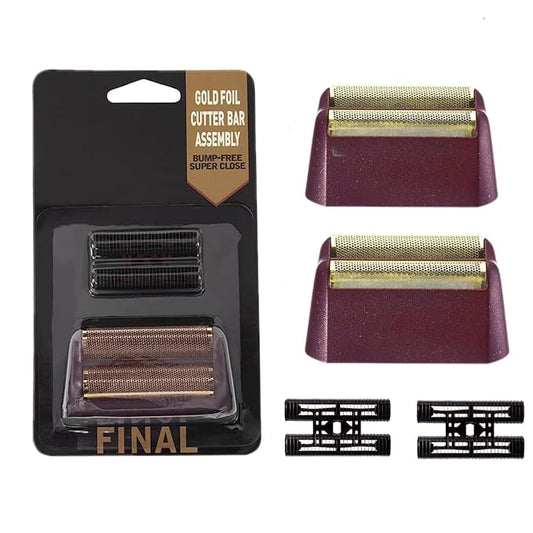 2 pcs Professional 5 Star Series Finale Shaver Shaper Replacement Super Close Gold Foil and Cutter Bar Assembly Compatible with Wahl Shaver Foil Model 7043-100,7031-100(Red)