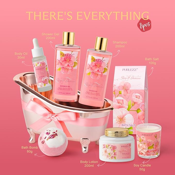 Rose & Jasmine Floral Luxury Bath & Body Gifts - Spa Basket with Body Lotion, Soy Candle - Home Bath Gift Set for Women