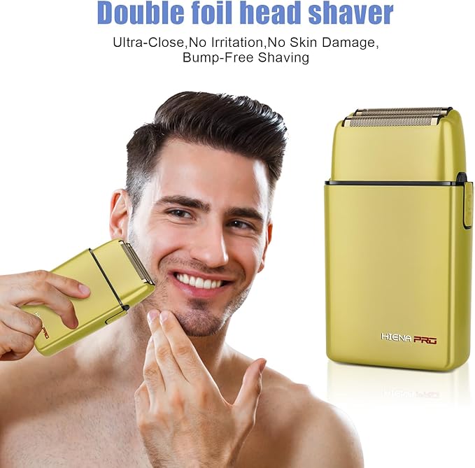 Foil Shaver for Men Barber, Double Electric Foil Trimmer, Professional Electric Razor, Close Shaver, Cordless Rechargeable with USB, Yellow