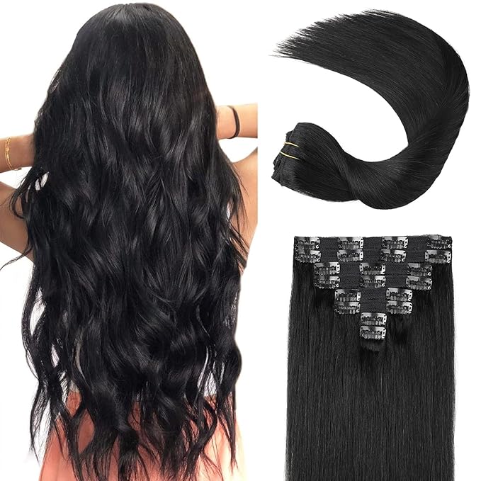 Real Human Hair Extensions, 120g 8pcs Thickened Silky Straight Clip In Extensions 18inch #1 Jet Black Double Weft