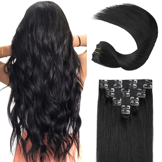 Real Human Hair Extensions, 120g 8pcs Thickened Silky Straight Clip In Extensions 18inch #1 Jet Black Double Weft