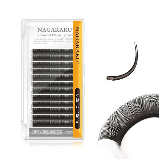 NAGARAKU Double Tips Flat Ellipse Eyelash Extensions Supplies 0.25 D curl 10mm Natural Charcoal Color Faux Mink Super Soft Split Tips Lash Individual Lashes