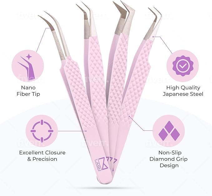 M LASH Tweezers for Eyelash Extensions (Set of 4) - Professional Lash Extension Tweezers - Fiber Tip, Japanese Steel, Diamond Grip Eyelash Extension Tweezer (ET-Neu)