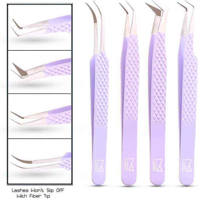 M LASH Tweezers for Eyelash Extensions (Set of 4) - Professional Lash Extension Tweezers - Fiber Tip, Japanese Steel, Diamond Grip Eyelash Extension Tweezer (Digital Lavender)