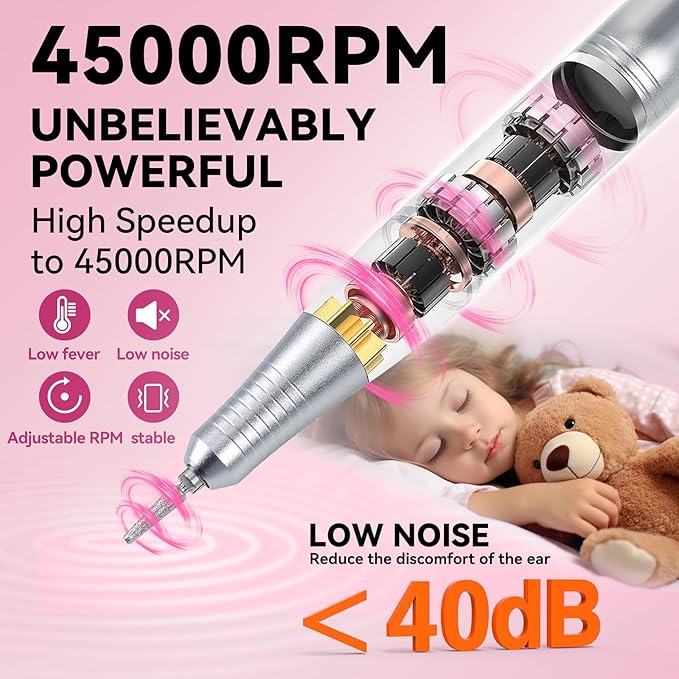 45000RPM Professional Portable Nail Drill Electric File with Pink diamond， Rechargeable Nail E File Machine with Bits & Clean for Acrylic Nails Remove Nail Gel Polish Manicure, Cordless