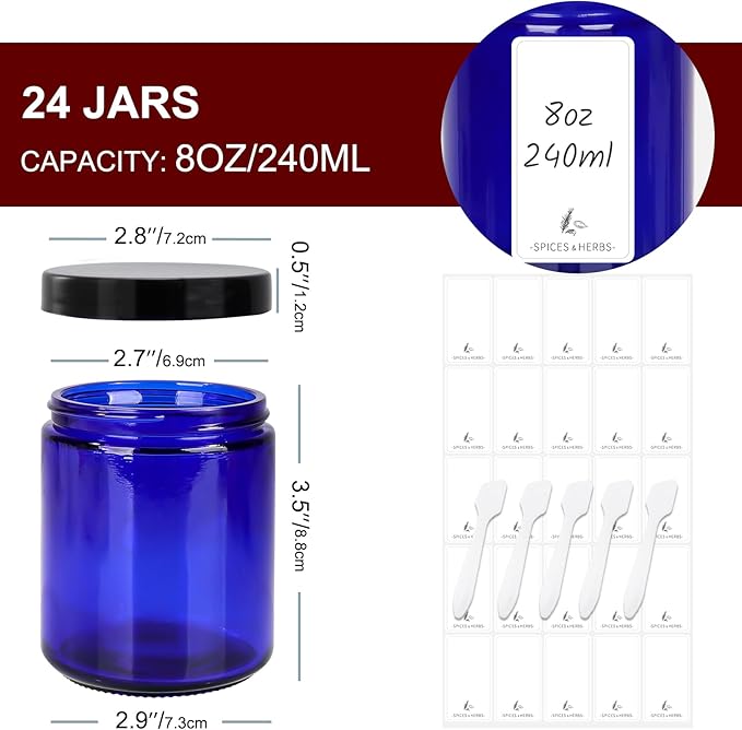 Betrome 24 Pack 8oz Blue Glass Jars with Black Plastic Lids, Round Empty Cosmetic Jars for Beauty Items, Craft, Food Storage, Canning