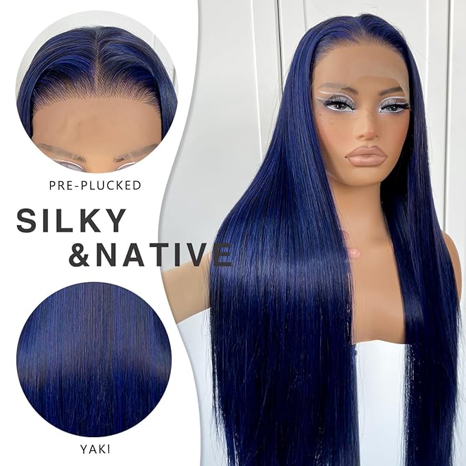 13x6 Dark Blue Straight HD Lace Front Wig Pre-Plucked Glueless Long Straight Blue Lace Front Wigs Synthetic Wear and Go Lace Front Wigs