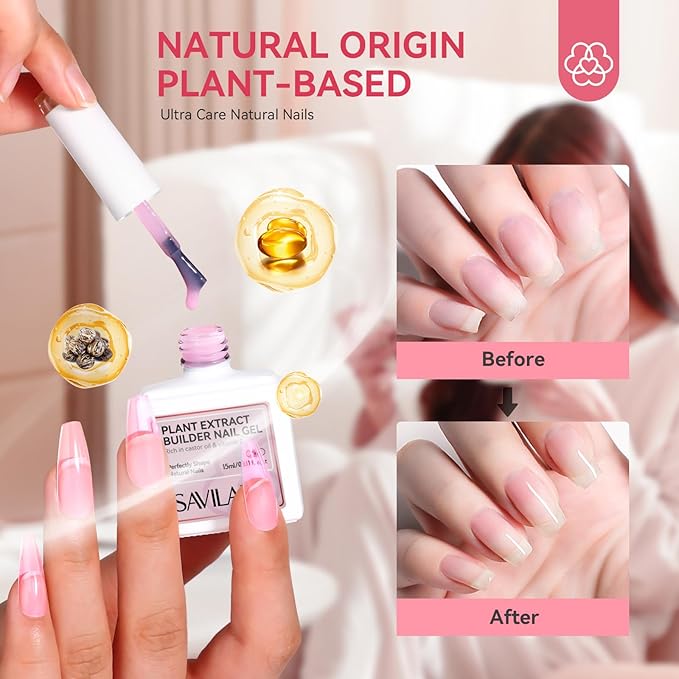 Saviland Builder Nail Gel Set - Clear Nude Nail Strengthen Gel with Pink 15ml Builder Nail Gel In A Bottle