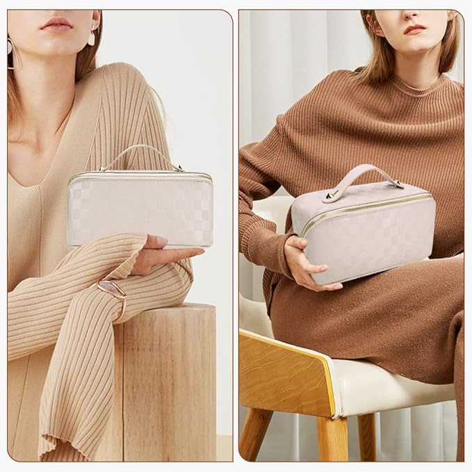 Cessfle Large Capacity Travel Cosmetic Bag Plaid Checkered Makeup Bag Portable Leather Waterproof Skincare Bag with Handle and Divider for Women 01-White