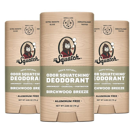 Dr. Squatch Natural Deodorant for Men - Odor-Squatching Aluminum Free - Birchwood Breeze (2.65 oz, 3-Pack)