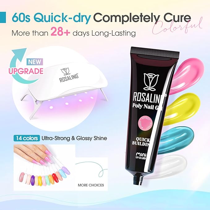 ROSALIND Poly Nail Gel Colors Kit -14 Colors +72 Nail Art Accessories kit Poly Nails Gel Kit Starter Kit with Mini UV Lamp Slip Solution Spring Poly Nail Art Tools for Beginners with Everything