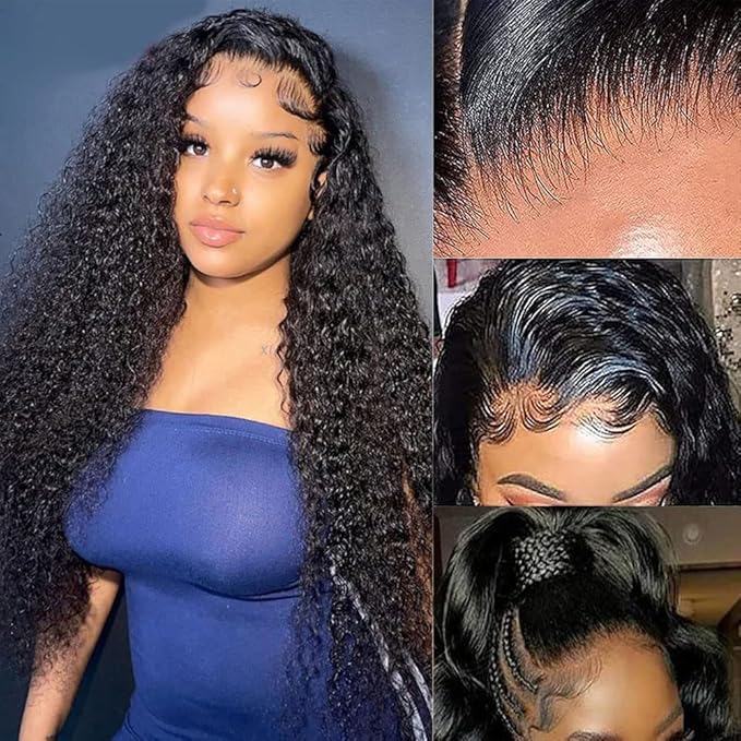 Aomllute Deep Wave Lace Front Wigs Human Hair 180% Density 13x4 HD Transparent Lace Frontal Wigs for Women Glueless Curly Lace Front Wigs Pre Plucked Human Hair Wigs Natural Black Color 20 inch