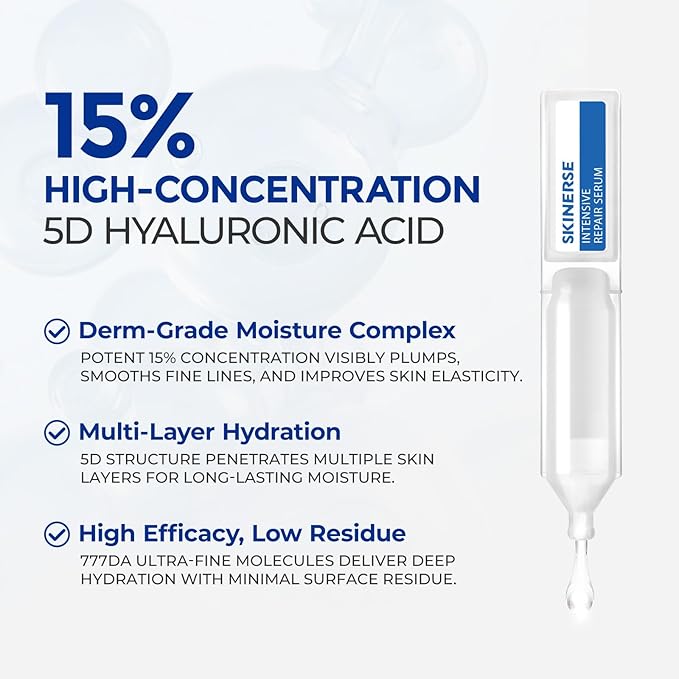 Intensive Repair Serum, 15% Hyaluronic Acid Serum with Ceramides and Centella Extract, Barrier Repair Redness Reilef Rosacea Treatment for Face Sensitive Acne Prone Skin, 30 Vials