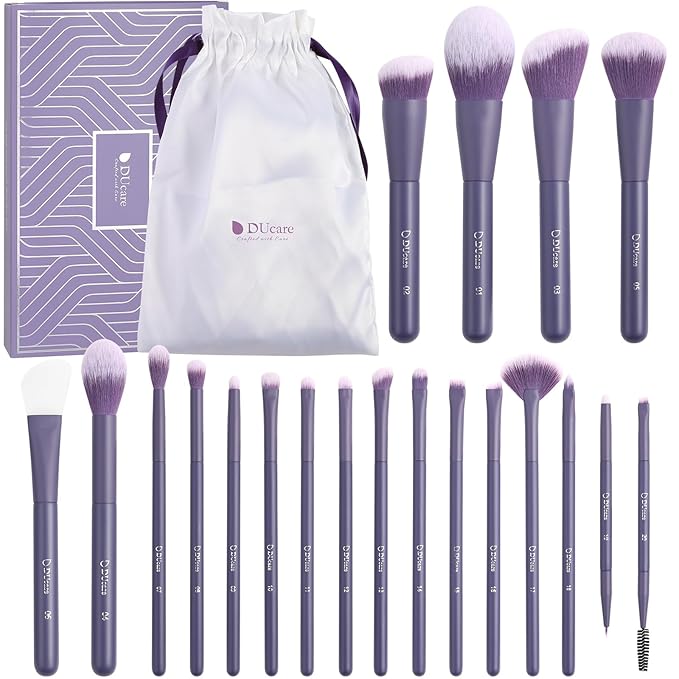 DUcare Makeup Brushes Professional 20Pcs Purple Makeup Brush set with Silicone Face Mask Brush Kabuki Foundation Blending Powder Blush Concealers Eyeshadows Brushes