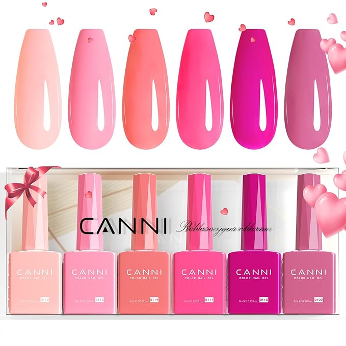 CANNI 6 Colors 9 ML Hema-Free Pink Gel Nail Polish Set, Hot Pink Purple Gel Polish Kit Light Baby Neon Pink Colors, Soak Off LED Nail Gel Manicure Kit DIY at Home Salon Gifts
