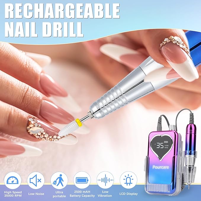 Electric Professional Nail Drill 35000 RPM,Electric Nail File Efile Machine Set,Rechargeable Acrylic Nail Tool Kit,Manicure Pedicure Gel Grinder Polish for Home Salon Teach(Sunset Blue)